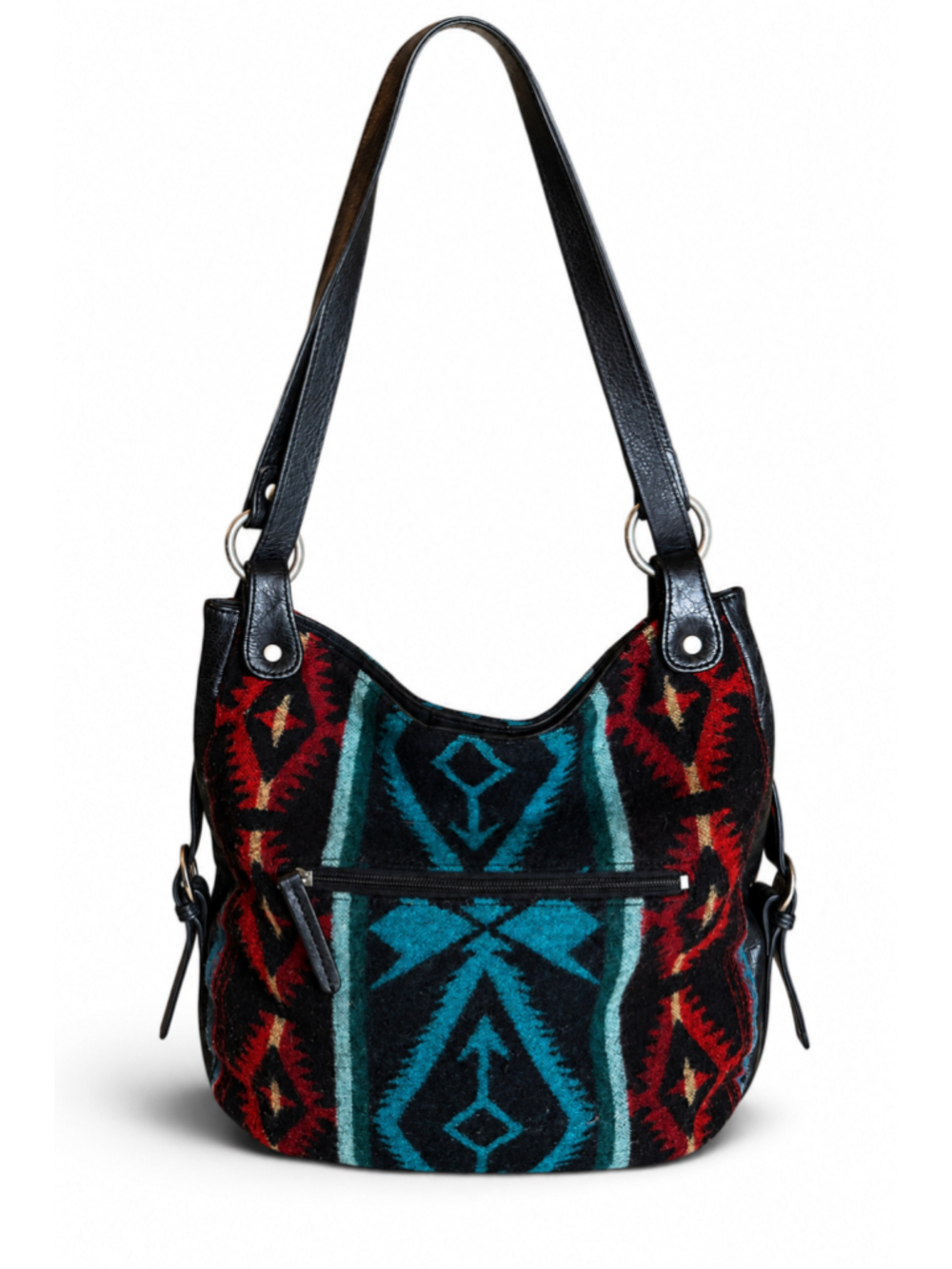 Pendleton Wool Leather Shoulder Bag Hobo Purse Black/Red/Teal Southwestern
